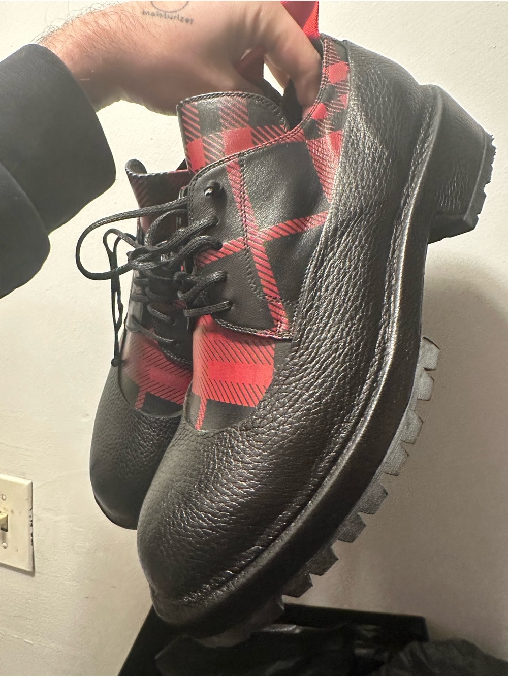 424 FourTwoFour Leather Cover Low Top Boot Plaid Print Leather Black Size 43RARE